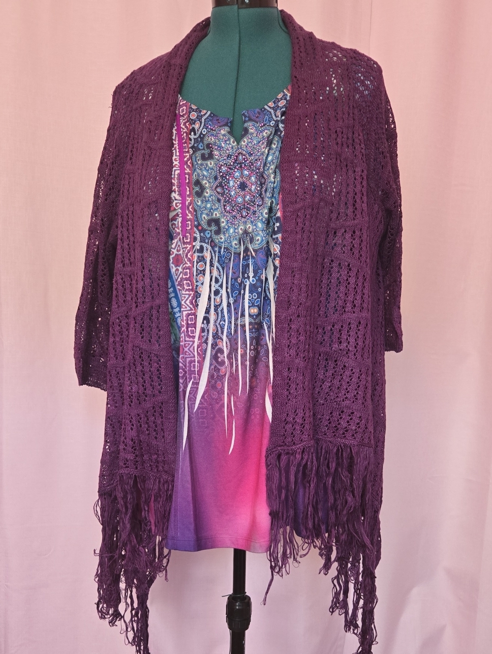SET One World Purple Open-Knit Fringe Women's Sweater Cardigan Set